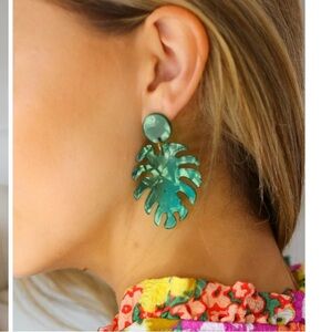 EMERALD ACRYLIC MONSTERA LEAF EARRINGS